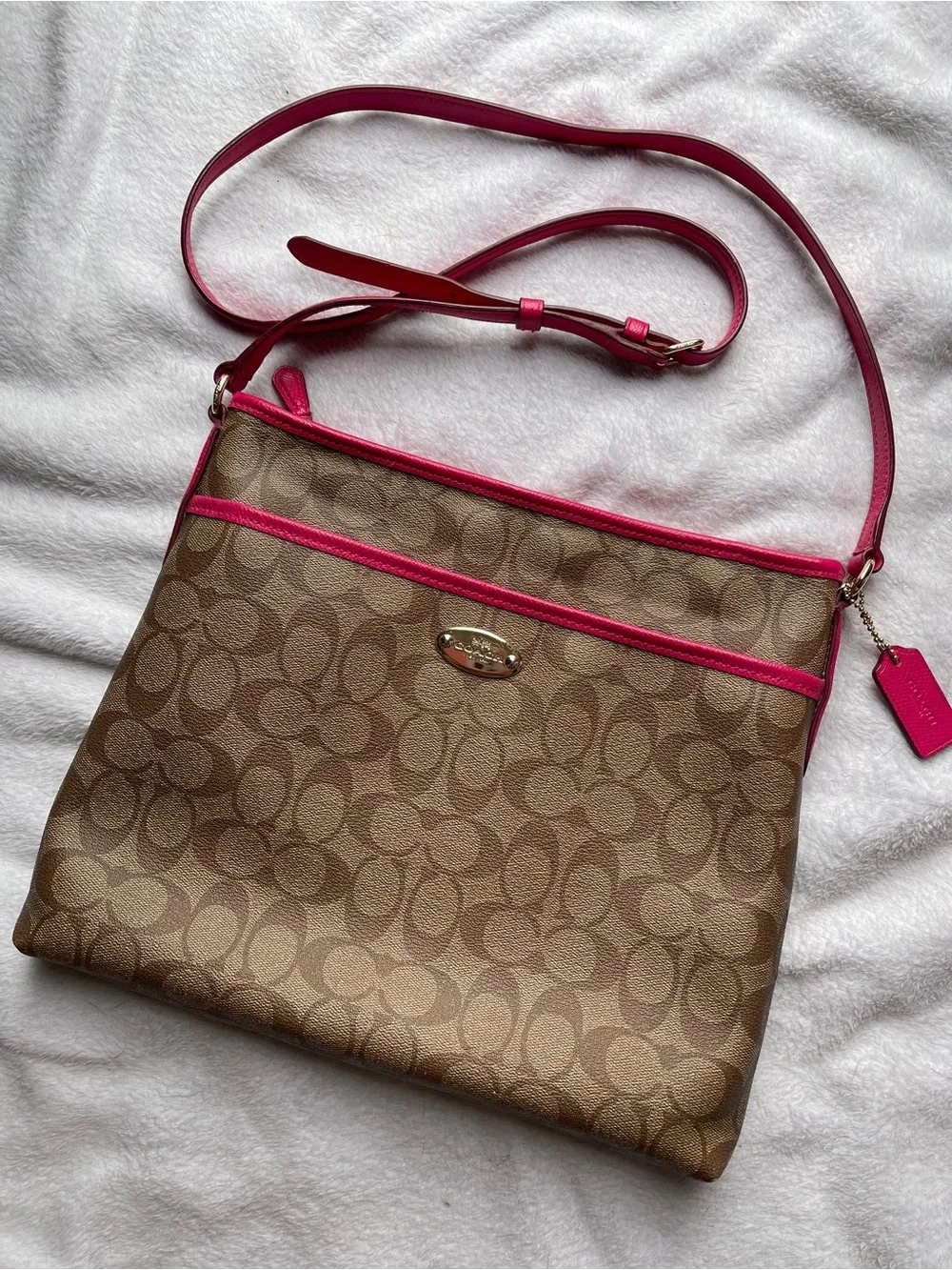 Coach Signature Canvas File Bag Pink and Khaki